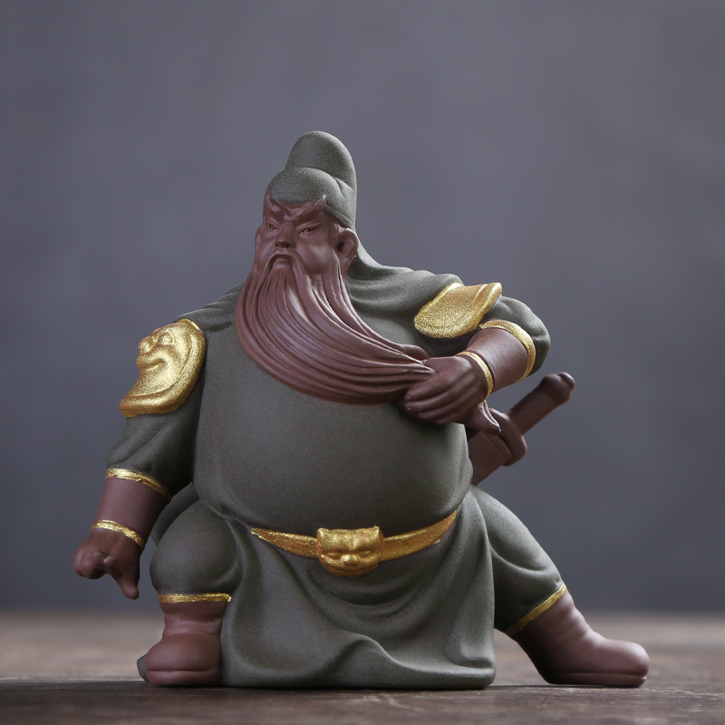 关公关云长持刀茶道摆件陶瓷茶宠茶玩汽车车载保平安关二爷 封金挂印