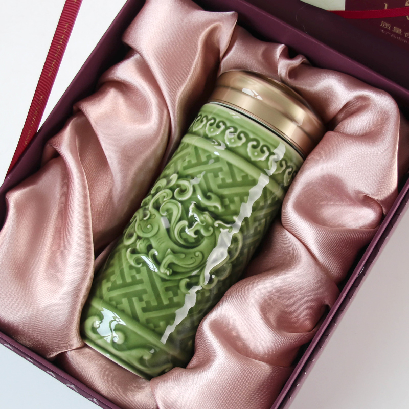 乾唐轩【官方授权】正品活瓷杯盛世祥龙随身杯双层陶瓷茶水杯送人礼品 摩卡棕（礼盒装带杯刷布杯套）