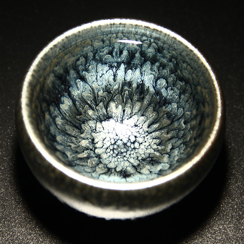 弓虽 建阳建盏百花盏蓝油滴鹅蛋杯菊花盏天目茶盏品茗杯 单杯