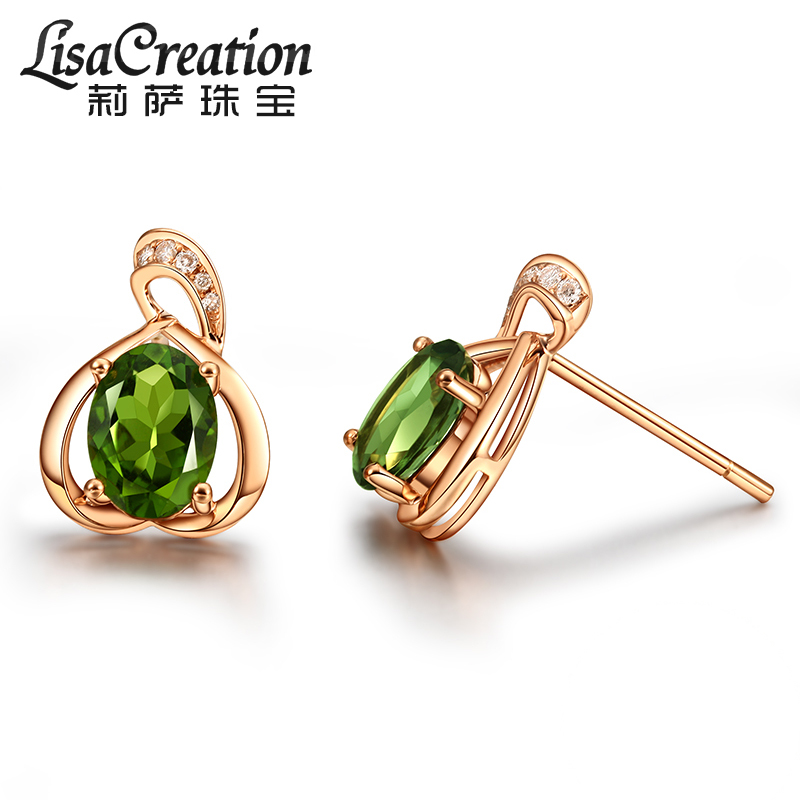 35克拉天然绿碧玺钻石耳钉18k玫瑰金彩宝南非钻耳饰绿色宝石耳钉 18k