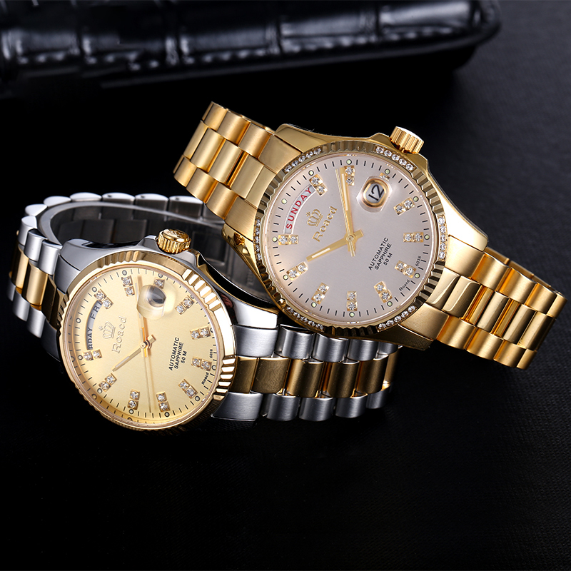 roacd瑞士注册国检双认证劳莱斯顿手表男士夜光日历镂空机械土豪金表