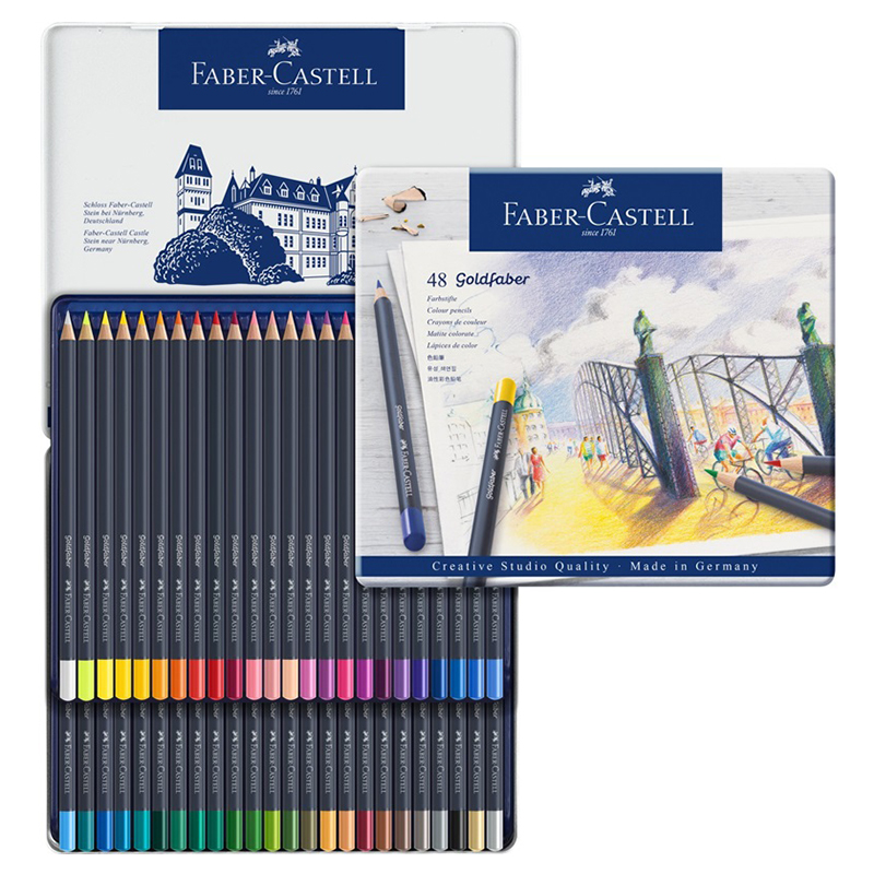 辉柏嘉（Faber-castell）油性彩铅笔48色专业手绘美术蓝铁盒彩色铅笔Goldfaber Aqua系列114748