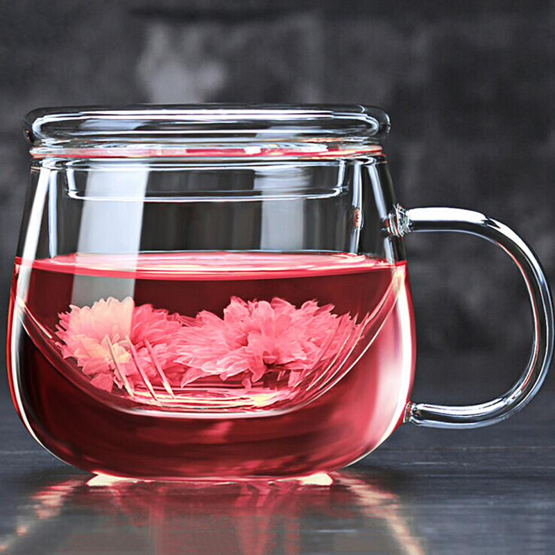 透明玻璃花茶杯 茶水分离泡茶杯子 女士用办公室家用品茶水杯 带盖子滤茶水晶杯 玻璃花茶泡茶杯