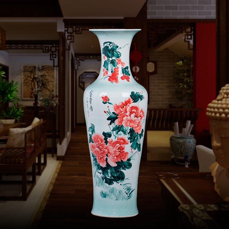 示优景德镇陶瓷器手绘粉彩牡丹竹子落地大花瓶现代客厅家居装饰大摆件