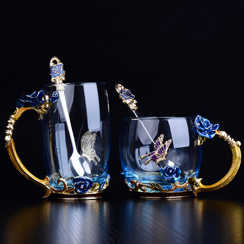 美居美艺 创意杯子   珐琅彩水杯玻璃杯子蓝玫瑰杯套装 送女友 蓝玫瑰高矮组合+珐琅勺