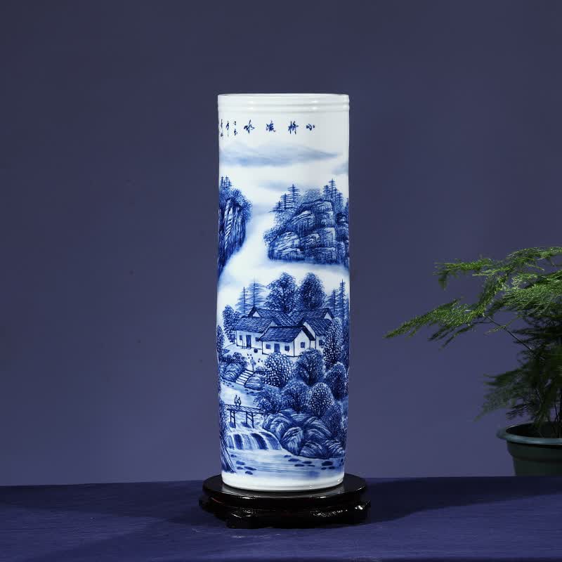 景德镇陶瓷字画书画筒青花瓷卷轴画缸小桥流水花瓶雨伞筒花插装饰品