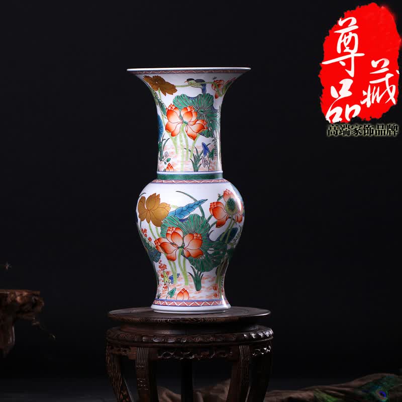 泉讨景德镇陶瓷器 仿清康熙五彩莲鹭纹凤尾尊花瓶 家居装饰工艺品摆件