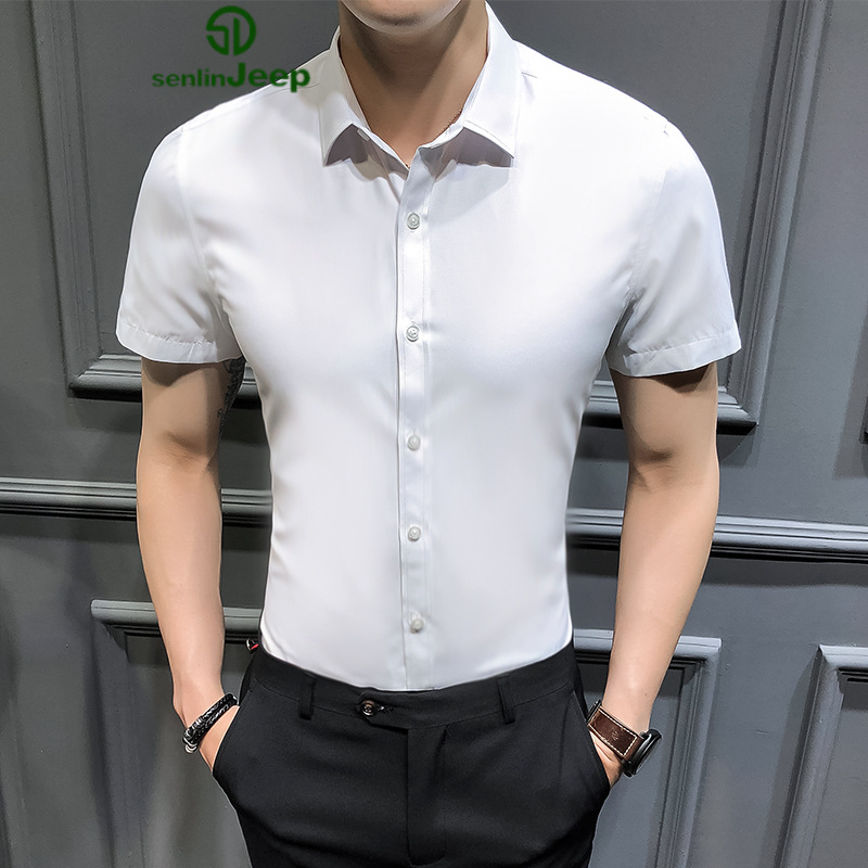 宾牧鸟 夏季短袖衬衫男士纯色商务休闲韩版修身帅气有领衬衣西服工作打底衫 白色 XL