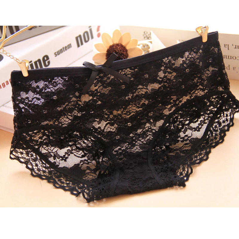 女士内裤性感中低腰档蕾丝女内裤女土短裤透明学生三角内裤裤衩 黑色