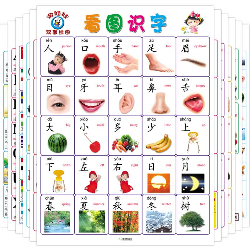 幼儿启蒙认知双面挂图全套10张 0-3岁宝宝早教挂图识字图 儿童撕不烂图 防水防油挂图怎么看?