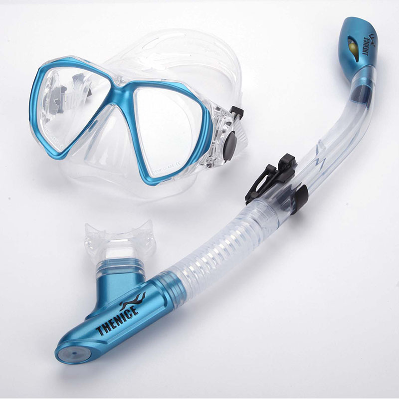 THENICE 浮潜三宝 面镜呼吸管 防雾大视野面镜 可配近视 液态硅胶全干式呼吸管 金属蓝 平光