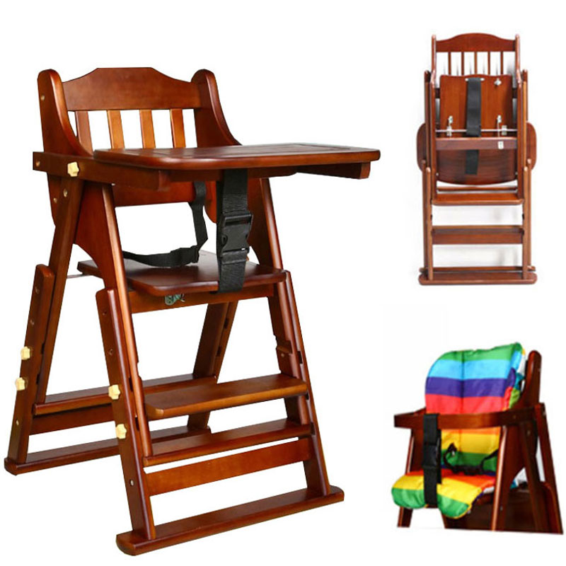 儿童餐椅实木婴儿餐椅可折叠宝宝吃饭椅子便携带BB饭桌酒店餐椅 桃木色带可调脚踏+配彩虹坐垫