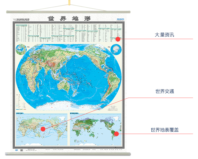 2019年 世界地形图 挂图 竖版1.15*1.35米 地图挂图