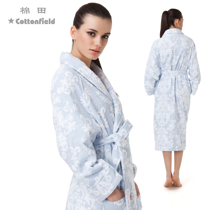 棉风尚睡衣浴衣家居服纯棉毛巾女士浴袍全棉加厚吸水花田 浴袍-蓝色 s