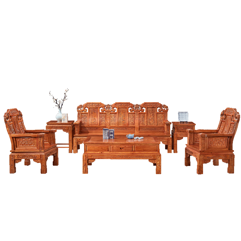 皇印 红木家具非洲花梨(学名:刺猬紫檀)沙发实木客厅会所中式家具组合豪华象头如意沙发2373 六件套(1+1+3沙发+茶几+2角几)