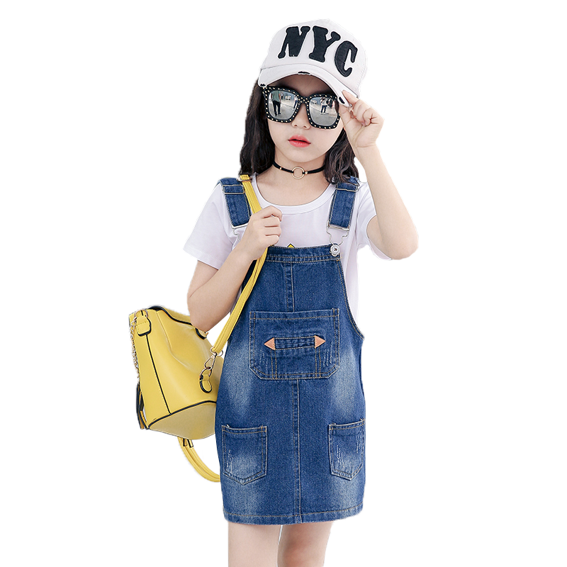 九虞氏兒童背帶裙中大童女童夏季牛仔裙背帶連衣裙學(xué)生裙子 大口袋（單件） 130