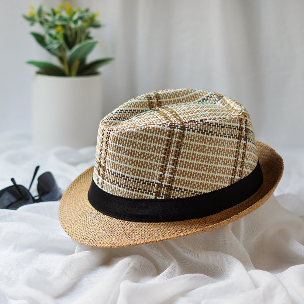 绮琞 夏季遮阳草帽 编织礼帽男英伦休闲透气男士帽子 卡其格子