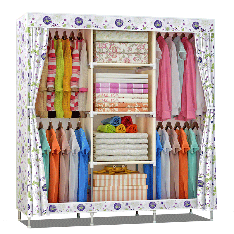 索尔诺 布衣柜简易衣柜加粗加固大号家用组装出租房衣服衣柜组合布衣橱收纳柜子 荷塘花1406【宽129cm*高177cm】