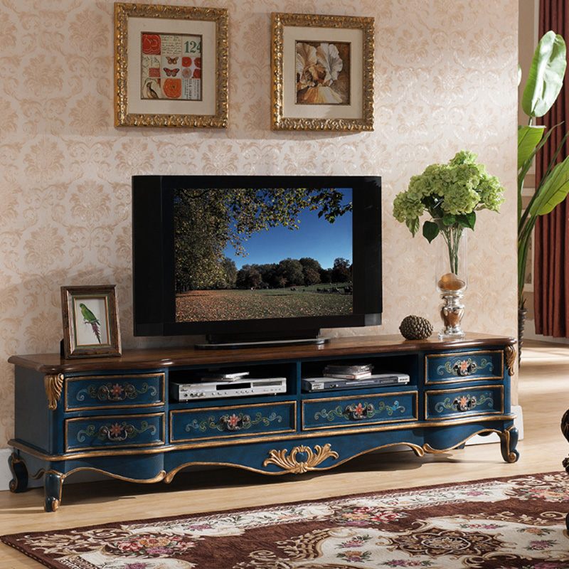 盛世锦木(SPJM) 欧式电视柜 美式电视机柜矮柜 欧美成套家具 手工彩绘描金复古做旧 冰裂蓝色 2米