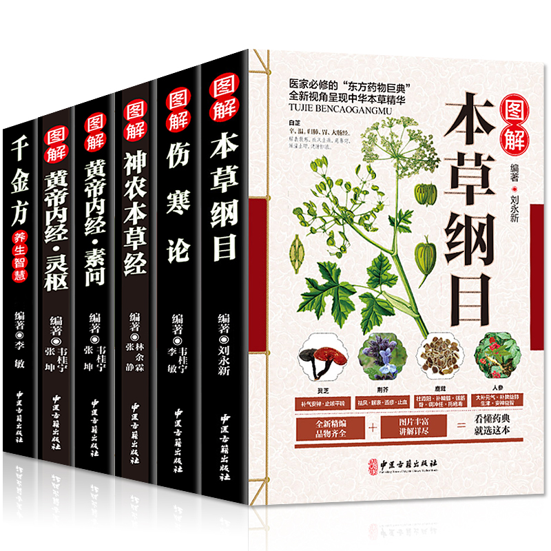 正版 6册本草纲目+黄帝内经灵枢素问+伤寒论+神农本草经+千金方 彩图全解中医养生书籍大全 中药书