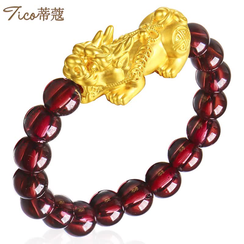 蒂蔻 黄金戒指招财貔貅女款足金红玛瑙指环自戴生日礼物送妈妈老婆送