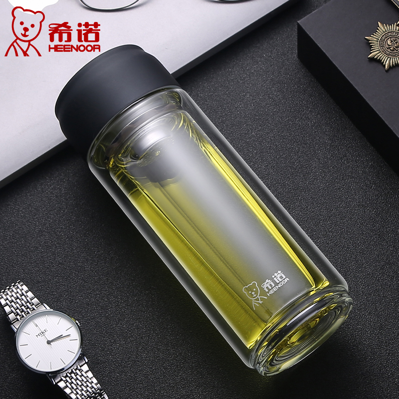 希诺(heenoor)双层玻璃杯男女士大容量耐热水晶泡茶杯高档便携帶提环
