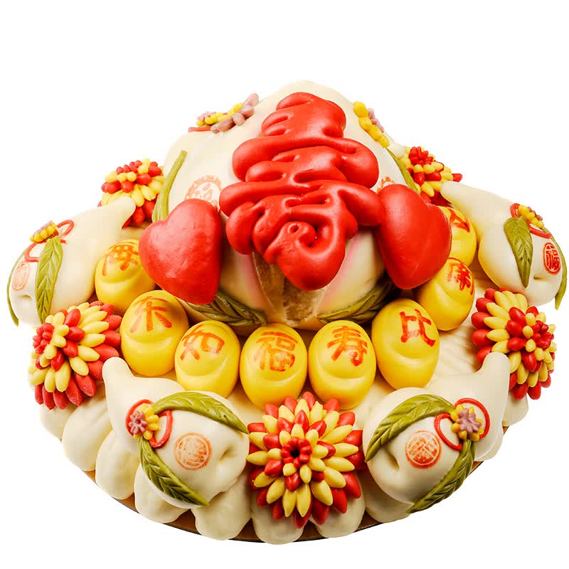 金穗朵寿桃馒头面点生日蛋糕胶东花饽饽花馍馍 福如东海带寿字(无糖款