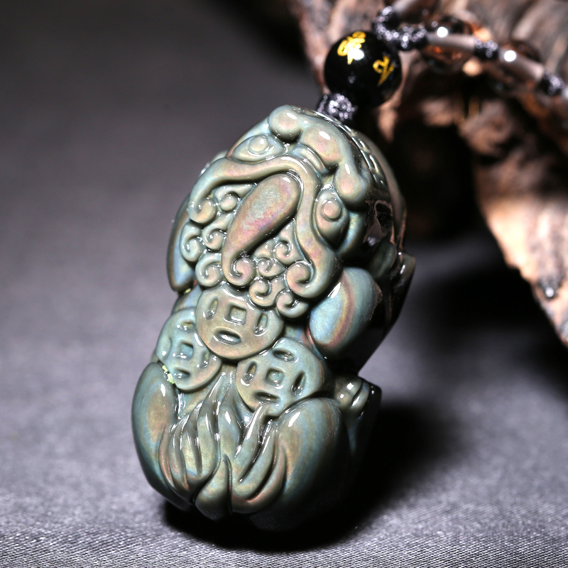 慈灵阁 彩虹蓝眼黑曜石貔貅吊坠 古钱币貔貅男士项链水晶饰品男款