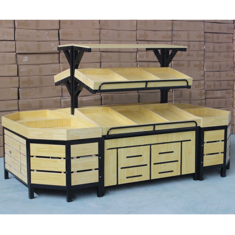 尤克达帝超市水果货架展示架水果架子蔬菜架子钢木架木制卖水果中岛