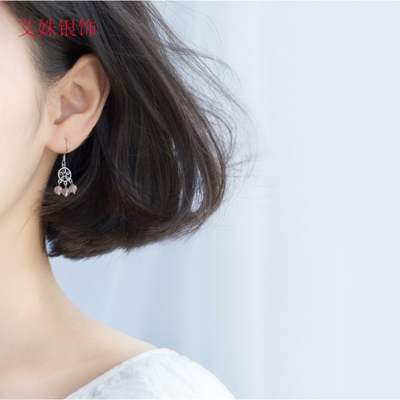 艾姝饰品s925银草莓晶捕梦网耳环女款耳钩气质耳坠韩国简约个性复古