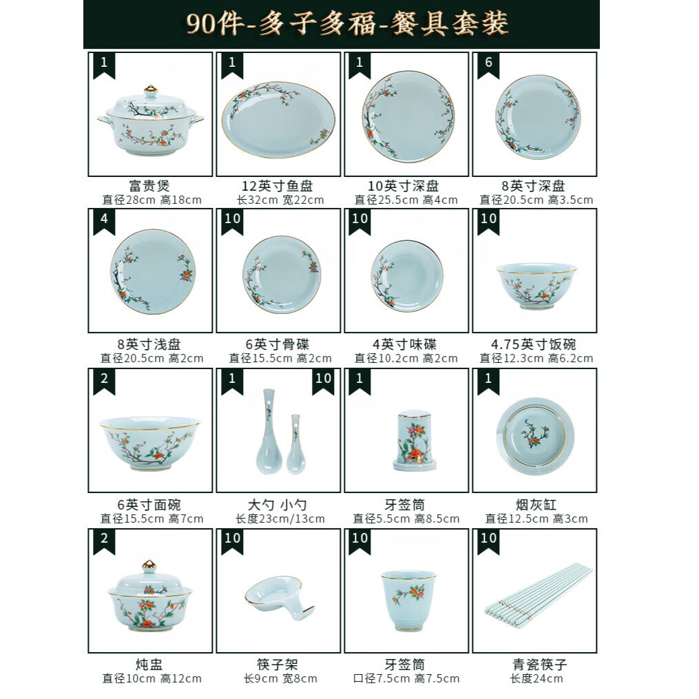 墨驰景德镇高岭土高温影青白瓷餐具奢华金边加厚碗碟碗盘套装家用送礼 多子多福90件【10人~青瓷金边】
