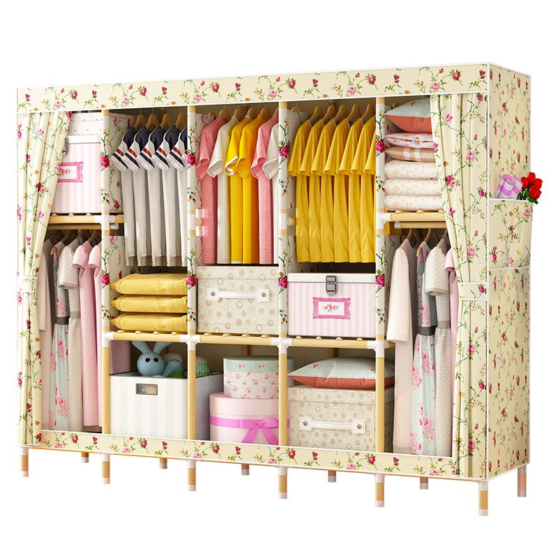 梦卡莱 简易衣柜双人实木简易衣柜布艺折叠大号2.05米宽布衣柜牛津布简约现代组装收纳衣橱 1.50米A款春色满园