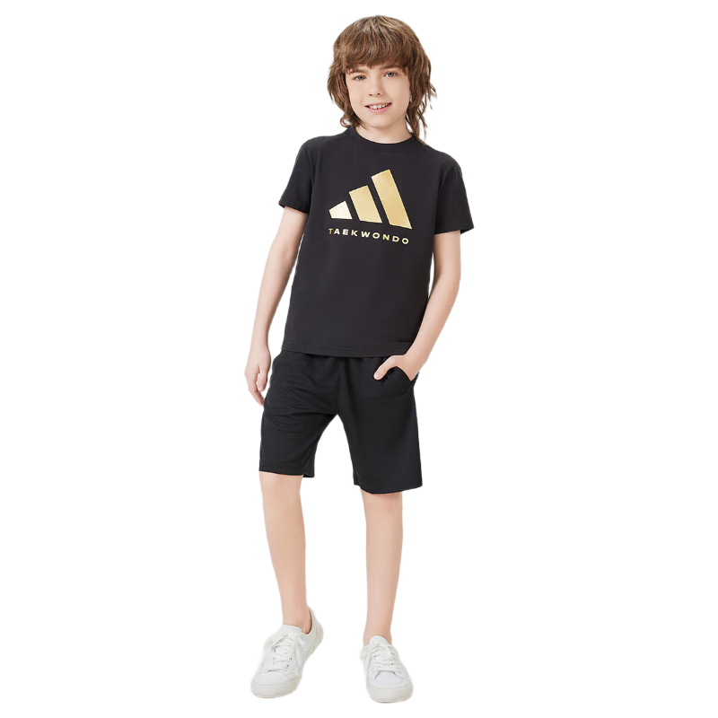 阿迪達斯 （adidas）新款兒童T恤兒童短袖+短褲套裝 黑/金+黑短褲  158 