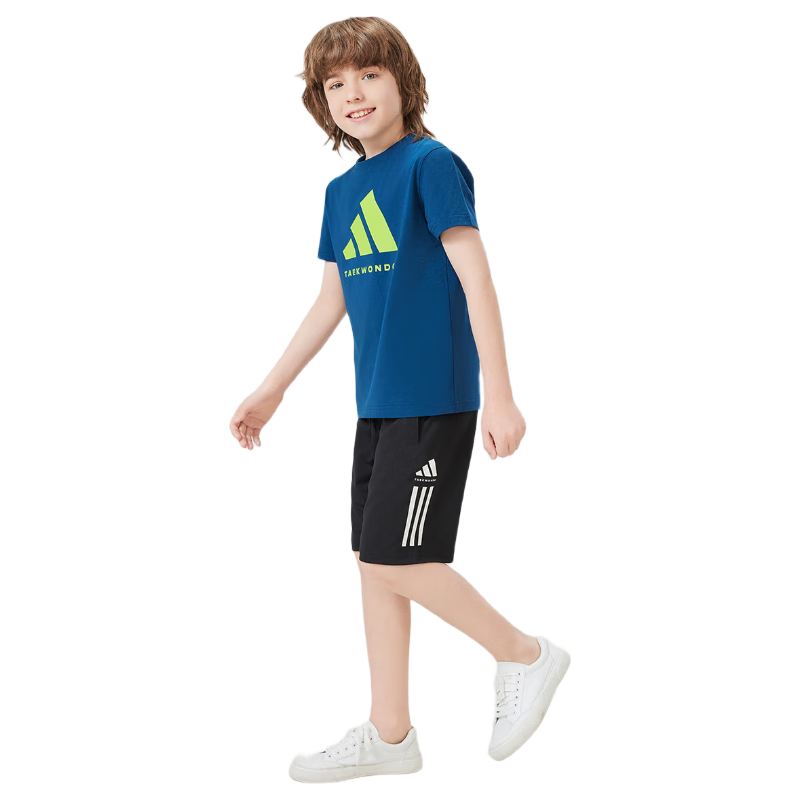 阿迪達斯 （adidas）新款兒童T恤兒童短袖+短褲套裝 深藍/綠+黑短褲  140 