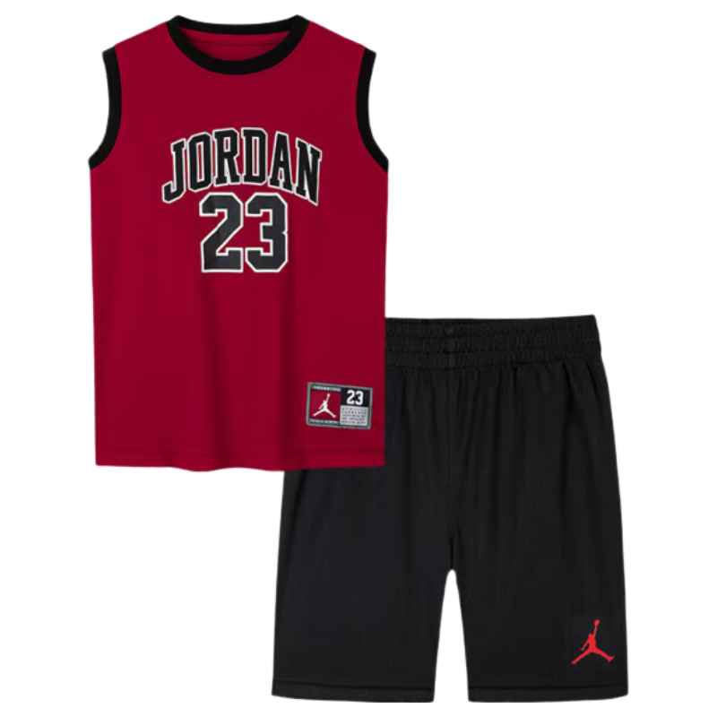 Jordan耐克AJ童裝兒童套裝背心短褲兩件套 Nike男女童籃球運(yùn)動服 正黑色