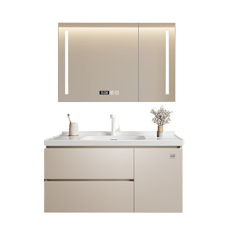 顾家家居浴室柜陶瓷一体盆洗手脸盆柜组合镜柜卫浴柜镜柜洗漱台G-06753 奶咖色|智能美妆镜柜90cm