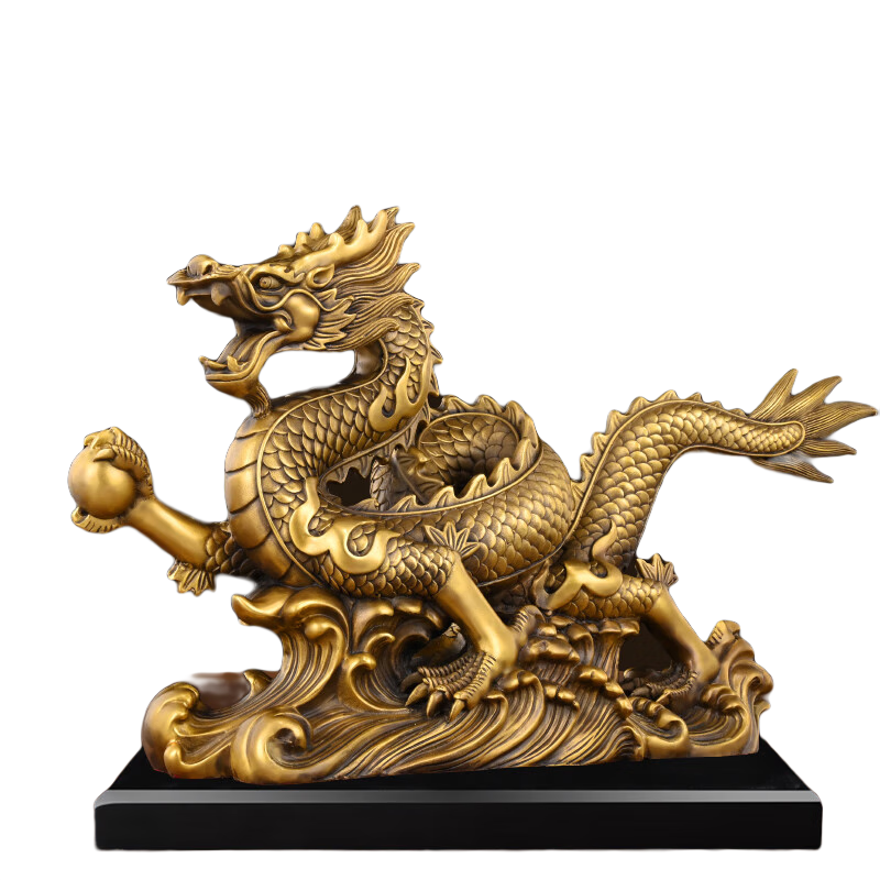 善扬纯黄铜龙摆件铜金龙十二生肖龙摆件年青龙摆件汉龙金龙家用客厅 龙腾四海 特大号长50CM【带底座】