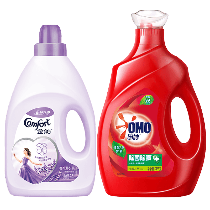 金紡柔順劑衣物柔軟護理劑液持久留香水防靜電護衣增香家庭補充袋套裝 薰衣草2.5kg+奧妙除菌洗衣液3kg