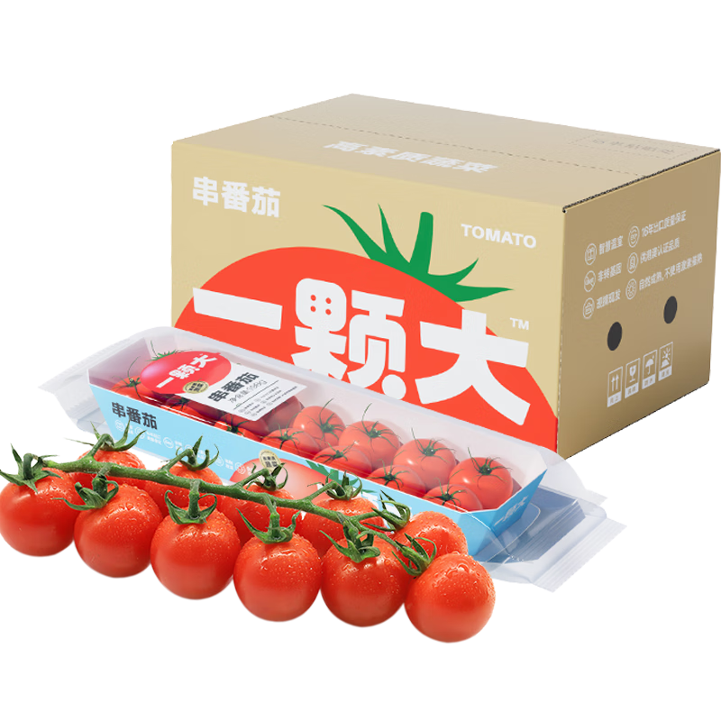 一颗大? 红樱桃番茄 串收番茄 水果小西红柿生吃 自然成熟 车厘串茄 串番茄 198g *6盒（红6）