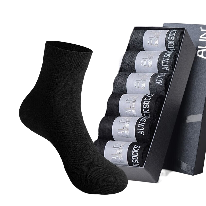 AUN襪子男士襪子秋冬7A抗菌防臭透氣新疆棉男襪中筒純黑色商務襪四季 高端棉夏薄款-(黑色) = 6雙 均碼