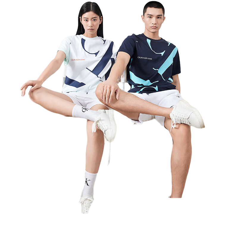 Calvin Klein Jeans夏季男女情侣中性时尚醒目ck印花纯棉打底短袖T恤J317893 YAF-白色 M （推荐135-150斤）