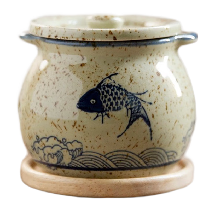 和風(fēng)四季廚房復(fù)古釉下彩陶瓷調(diào)料罐耐高溫豬油罐鹽罐調(diào)味罐釉下彩油辣子罐 小號(hào)魚樂雙耳調(diào)味罐+木墊配勺