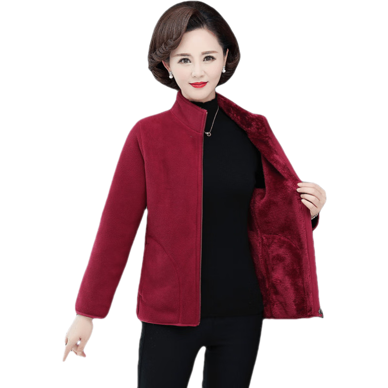 豹迹（BAOJEE）抓绒衣女双面穿加绒加厚妈妈装秋冬摇粒绒中年女装户外保暖外套 枣红色 2XL(110-125斤)