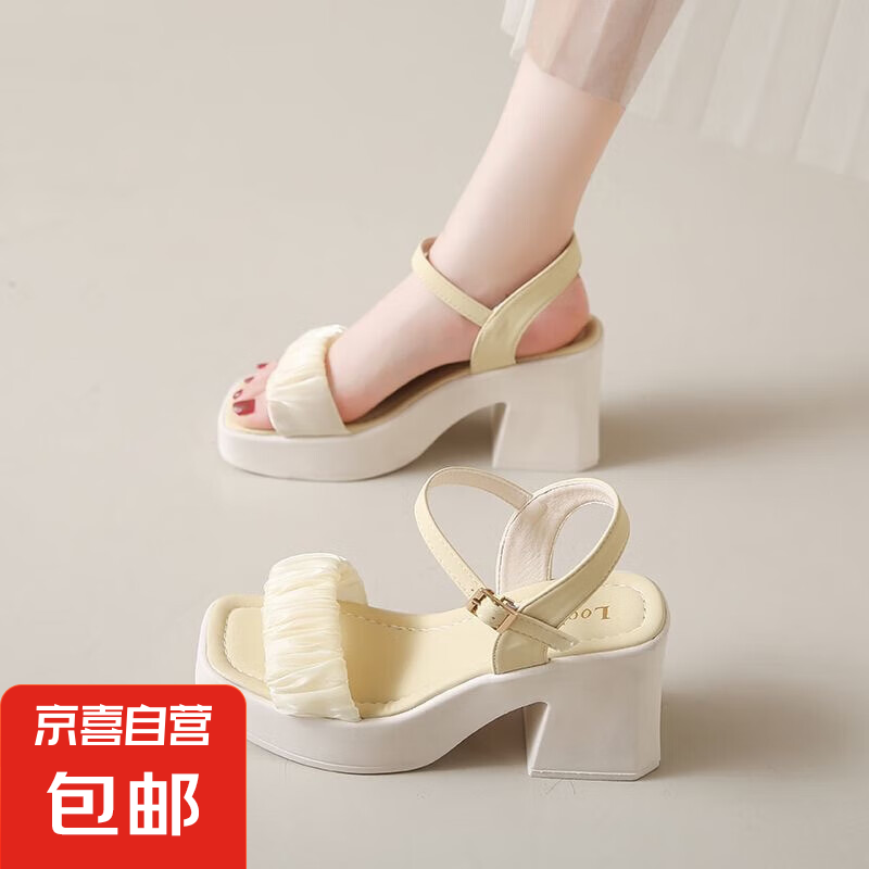 粗跟羅馬涼鞋女款2025新款夏季時(shí)尚休閑女鞋防水臺(tái)坡跟高跟鞋米色 黃色 38