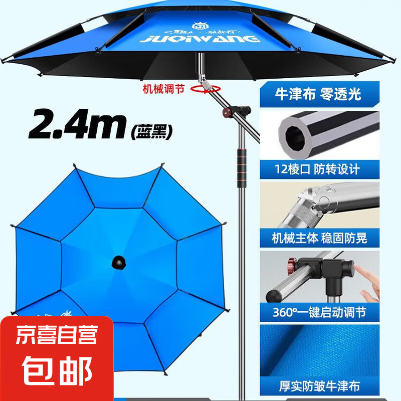 2025新款釣傘拐杖釣魚傘垂釣雨傘加厚黑膠防雨防曬折疊遮陽(yáng)傘 2.4米 【一傘三防 全天無憂】黑藍(lán)