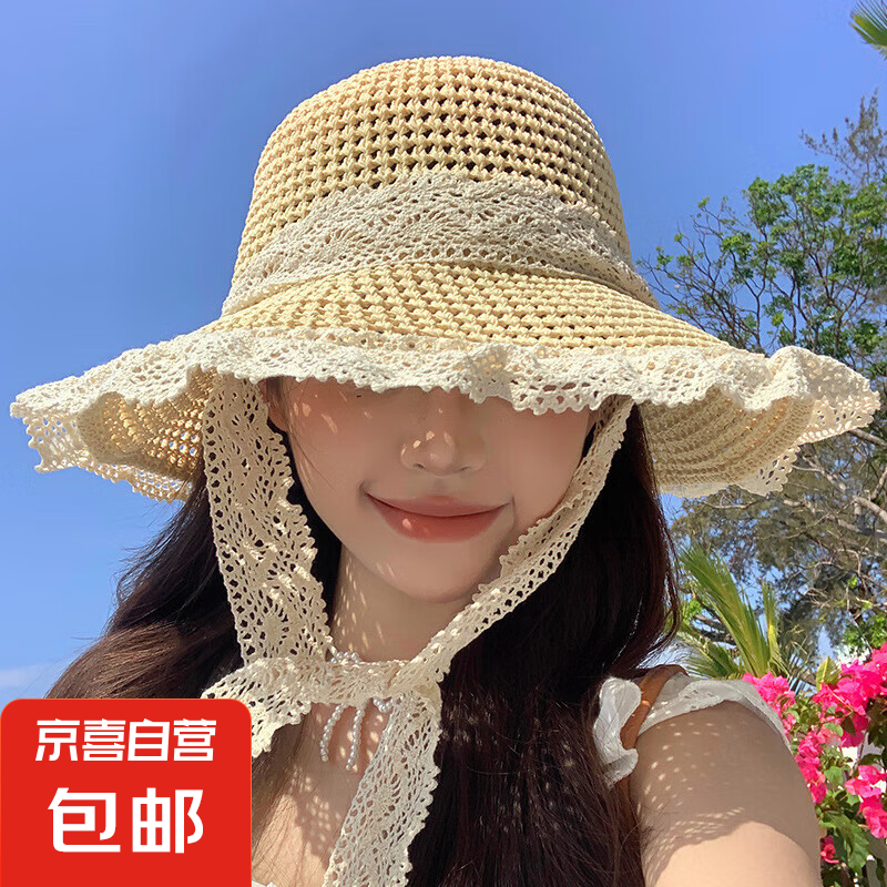 遮陽帽女夏季戶外海邊沙灘太陽帽大帽檐防曬帽女防風涼帽蕾絲草帽 米色（兩件裝） M（56-58cm）
