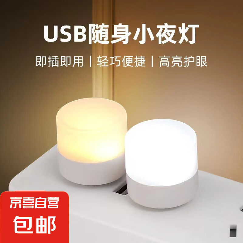 USB节能小夜灯卧室床头夜灯停电应急灯LED充电宝小圆灯氛围灯 USB小夜灯白光暖光各1只