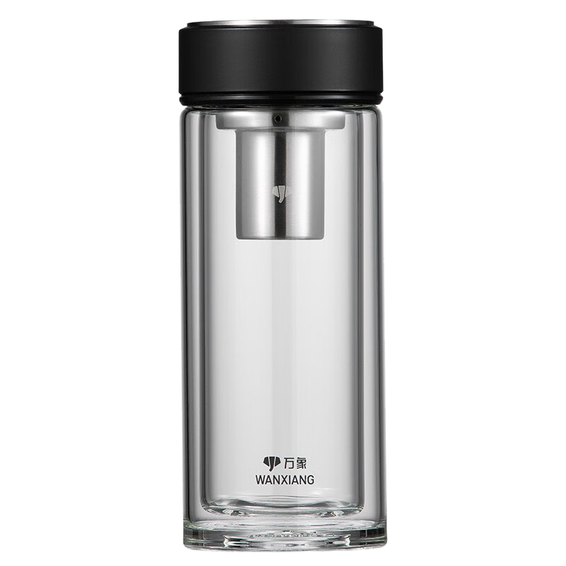 万象双层玻璃杯男女士商务办公泡茶杯加厚大容量便携车载隔热防烫水杯 V273R石墨黑-370ml-尺寸适中