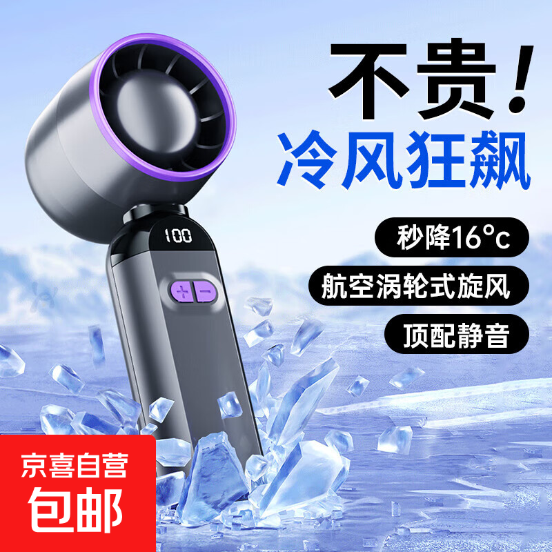 电风扇手持小风扇【涡轮飓风】桌面挂脖大风力迷你便携式usb充电折叠学生宿舍办公室户外超长续航 【灰紫色】100档飓风/LED数显/轻巧便携