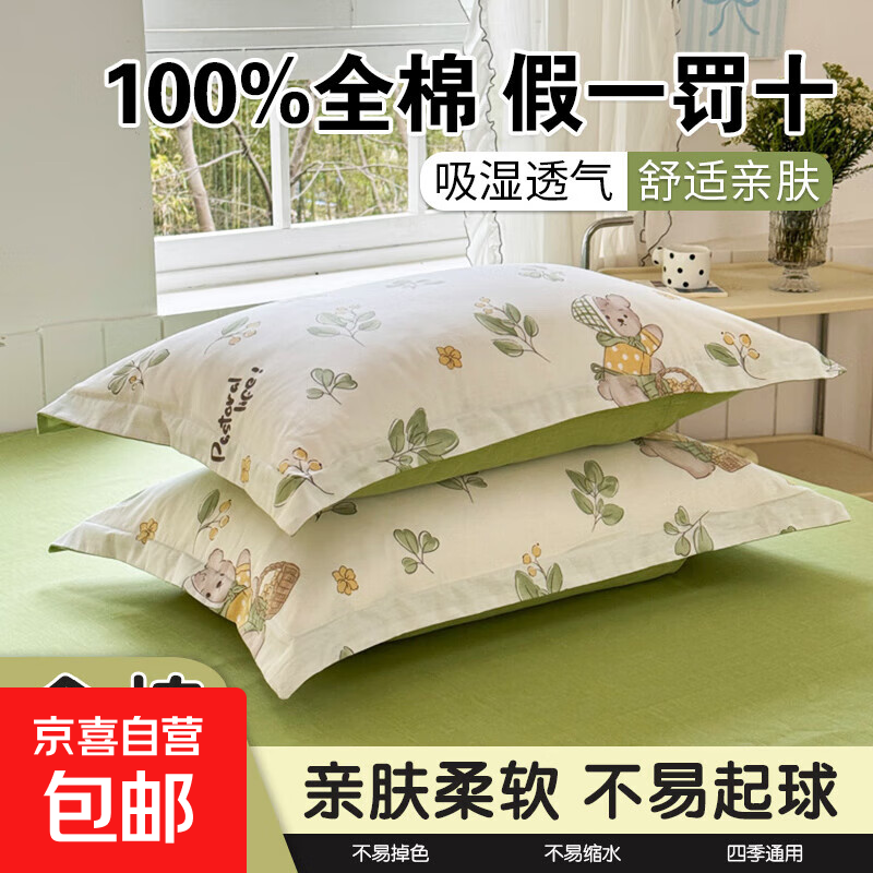 100%棉全棉枕头套一对装家用宿舍枕套单个枕芯内胆套a类亲肤纯棉 枕头绿叶熊 【100%全棉假一罚十】 单只 48cm*74cm